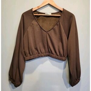 Sozy Soft & Cozy Plush Lined V Neck Cropped Long Sleeve Top Olive Green Sz L